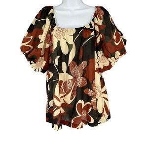 Umgee Top Women's Sz L Floral Print Puff Sleeve Bohemian Retro 70s‎ Style NEW